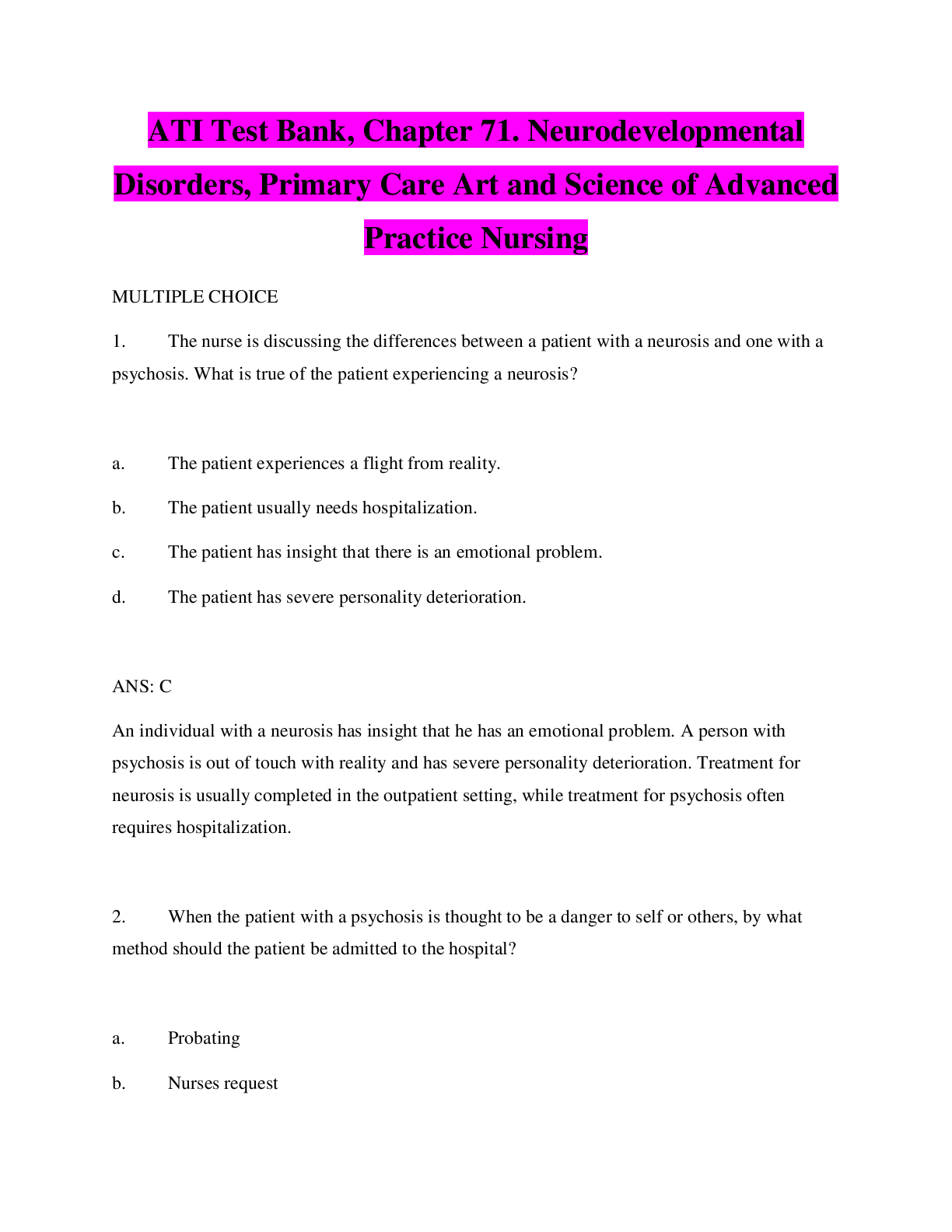 Preview image for ATI Test Bank, Chapter 71. Neurodevelopmental Disorders, Primary Care Art and Science of Advanced Practice Nursing